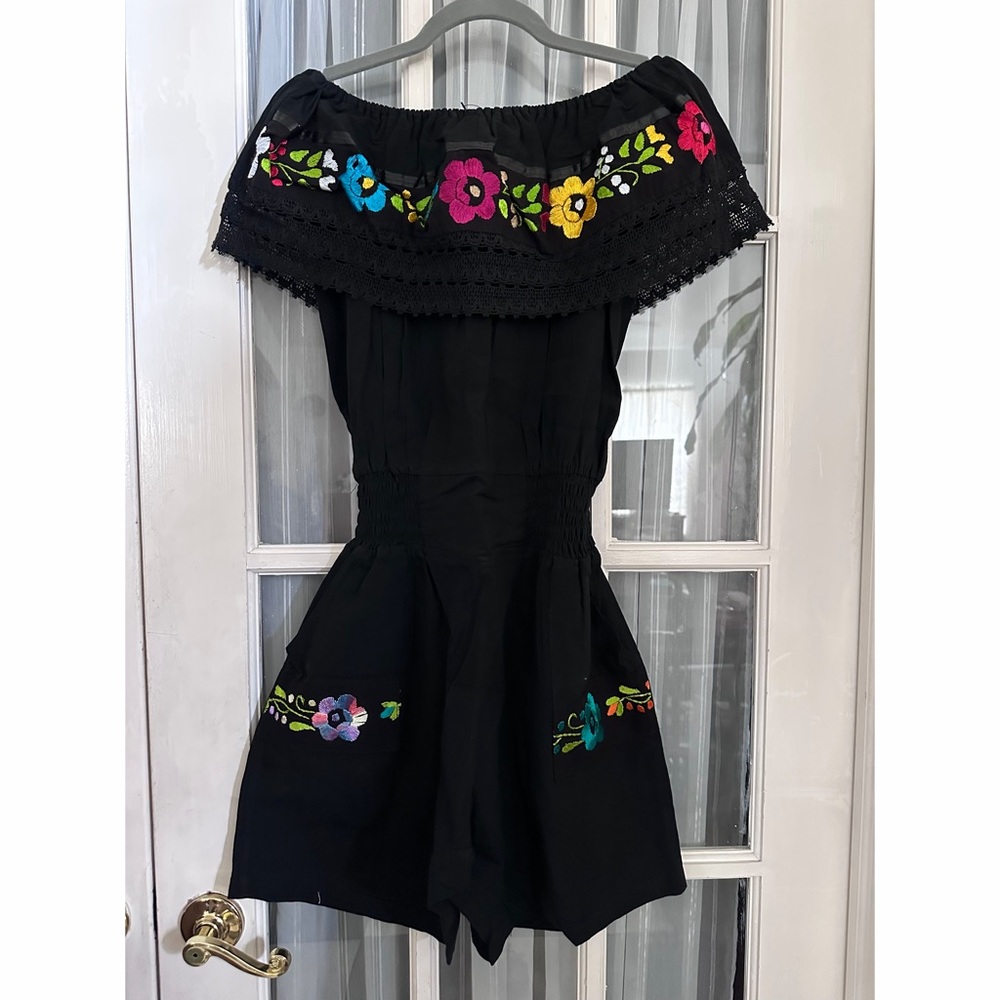 MEXICANA Black Floral Embroidered Romper